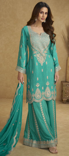 Blue color Salwar Kameez in Chinon Silk fabric with Embroidered, Stone work