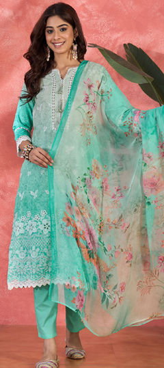 Green color Salwar Kameez in Cotton fabric with Embroidered work