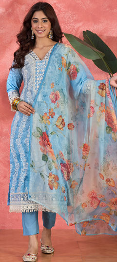 Blue color Salwar Kameez in Cotton fabric with Embroidered work
