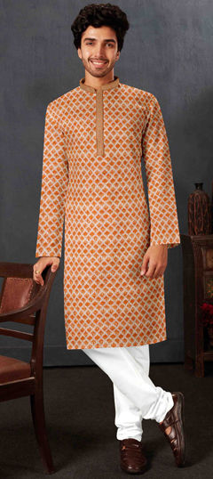 Beige and Brown color Kurta Pyjamas in Cotton fabric with Digital Print, Embroidered work