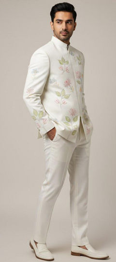 White and Off White color IndoWestern Dress in Art Silk fabric with Printed work