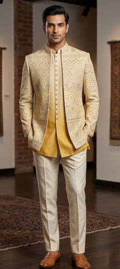 Beige and Brown, Yellow color IndoWestern Dress in Art Silk fabric with Embroidered work