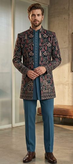Blue color IndoWestern Dress in Art Silk fabric with Embroidered work