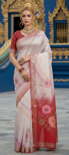 Red and Maroon color Readymade Saree in Jacquard fabric with Weaving work
