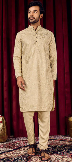 Beige and Brown color Kurta Pyjamas in Blended Cotton fabric with Floral, Foil Print work