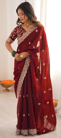 Red and Maroon color Saree in Tissue fabric with Embroidered, Sequence, Thread work