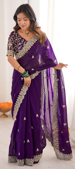 Purple and Violet color Saree in Tissue fabric with Embroidered, Sequence, Thread work