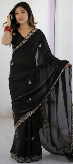 Black and Grey color Saree in Tissue fabric with Embroidered, Sequence, Thread work