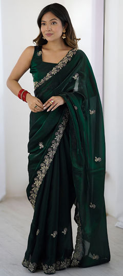 Green color Saree in Tissue fabric with Embroidered, Sequence, Thread work