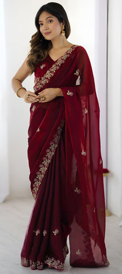 Red and Maroon color Saree in Tissue fabric with Embroidered, Sequence, Thread work