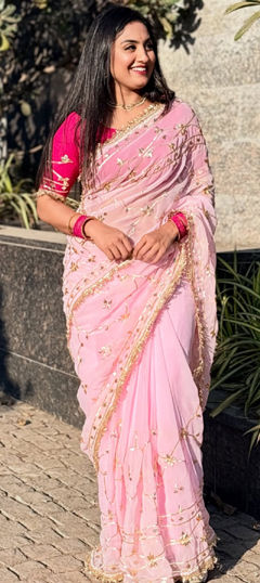 Pink and Majenta color Saree in Georgette fabric with Gota Patti, Lace work