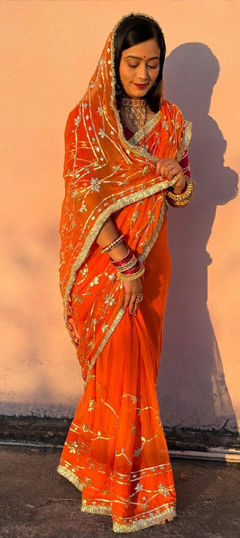Orange color Saree in Georgette fabric with Gota Patti, Lace work