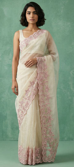 White and Off White color Saree in Chanderi Silk fabric with Embroidered, Resham, Thread work