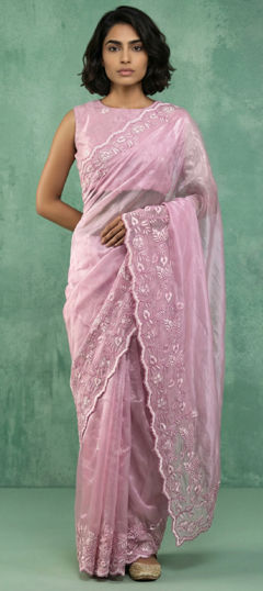 Pink and Majenta color Saree in Chanderi Silk fabric with Embroidered, Resham, Thread work