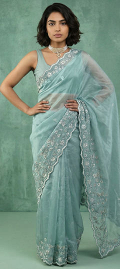 Blue color Saree in Chanderi Silk fabric with Embroidered, Resham, Thread work