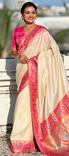 White and Off White color Saree in Silk fabric with Weaving work