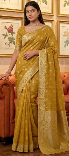 Yellow color Saree in Tissue fabric with Weaving work