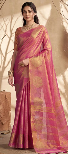 Pink and Majenta color Saree in Tissue fabric with Weaving work