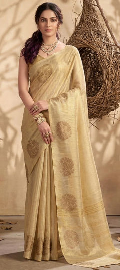 Beige and Brown color Saree in Tissue fabric with Weaving work