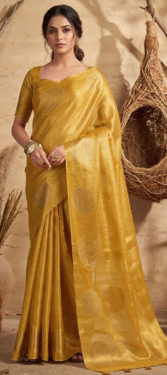 Yellow color Saree in Tissue fabric with Weaving work