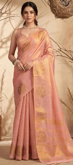 Pink and Majenta color Saree in Tissue fabric with Weaving work