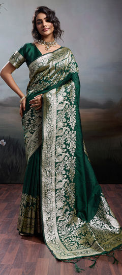 Green color Saree in Blended, Silk fabric with Weaving work