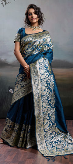 Blue color Saree in Blended, Silk fabric with Weaving work