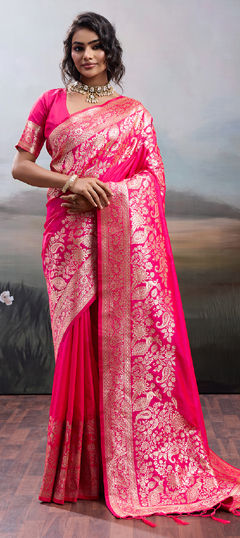 Pink and Majenta color Saree in Blended, Silk fabric with Weaving work