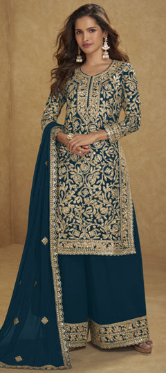 Blue color Salwar Kameez in Georgette fabric with Embroidered, Sequence work