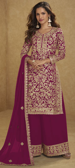 Pink and Majenta color Salwar Kameez in Georgette fabric with Embroidered, Sequence work