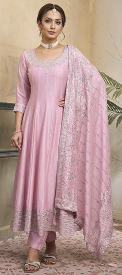 Pink and Majenta color Salwar Kameez in Silk fabric with Embroidered, Sequence work