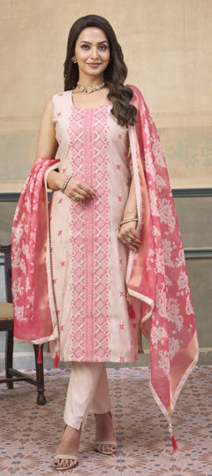 Beige and Brown, Pink and Majenta color Salwar Kameez in Silk fabric with Embroidered, Sequence work