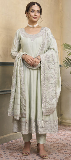 Green color Salwar Kameez in Silk fabric with Embroidered, Sequence work