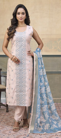 Beige and Brown, Blue color Salwar Kameez in Silk fabric with Embroidered, Sequence work