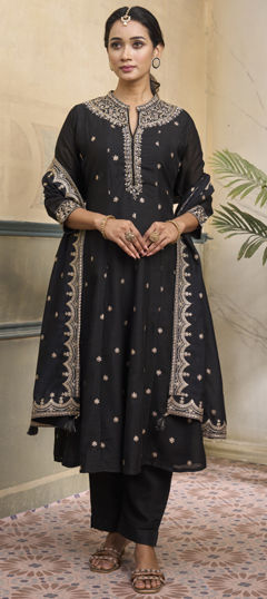 Black and Grey color Salwar Kameez in Silk fabric with Bugle Beads, Cut Dana, Sequence work