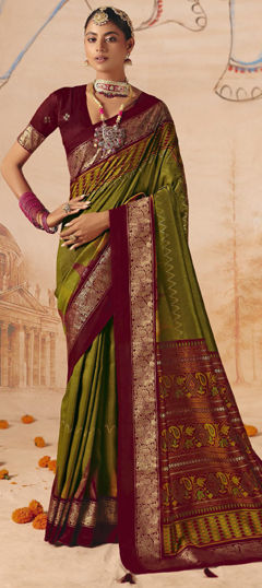 Green, Red and Maroon color Saree in Silk fabric with Weaving work
