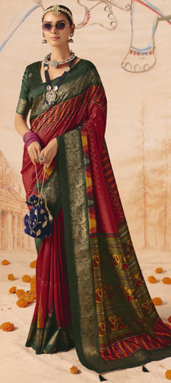 Green, Red and Maroon color Saree in Silk fabric with Weaving work