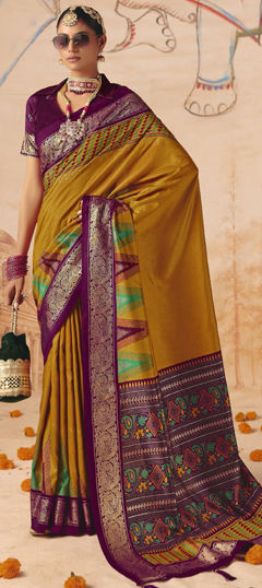 Yellow color Saree in Silk fabric with Weaving work