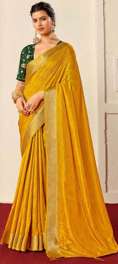 Yellow color Saree in Silk fabric with Weaving work