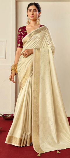 White and Off White color Saree in Silk fabric with Weaving work