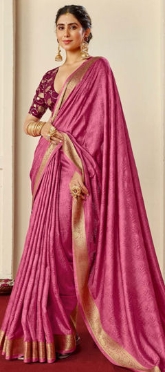 Pink and Majenta color Saree in Silk fabric with Weaving work