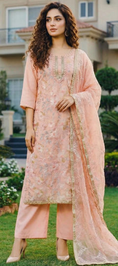 Pink and Majenta color Salwar Kameez in Organza Silk fabric with Bugle Beads, Cut Dana, Thread, Zardozi work