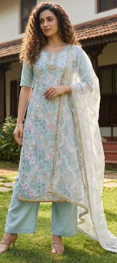 Blue color Salwar Kameez in Organza Silk fabric with Bugle Beads, Cut Dana, Thread, Zardozi work