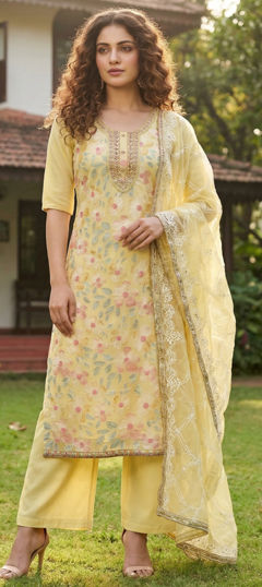 Yellow color Salwar Kameez in Organza Silk fabric with Bugle Beads, Cut Dana, Thread, Zardozi work