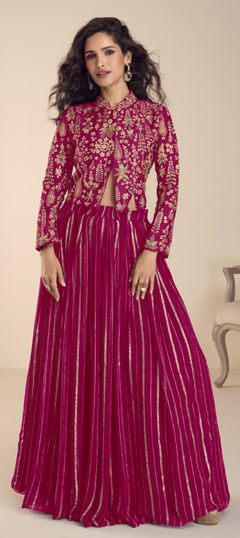 Pink and Majenta color Long Lehenga Choli in Silk fabric with Embroidered, Thread, Zari work