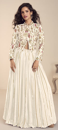 White and Off White color Long Lehenga Choli in Silk fabric with Embroidered, Thread, Zari work