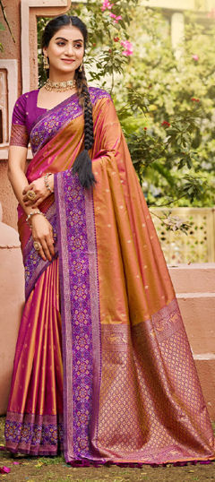 Beige and Brown color Saree in Silk fabric with Weaving work
