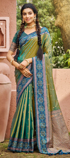 Green color Saree in Silk fabric with Weaving work