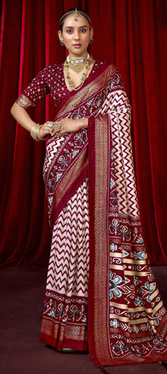 Red and Maroon, White and Off White color Saree in Silk fabric with Printed, Weaving work