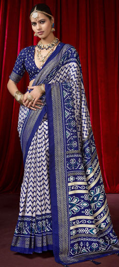 Blue, White and Off White color Saree in Silk fabric with Printed, Weaving work